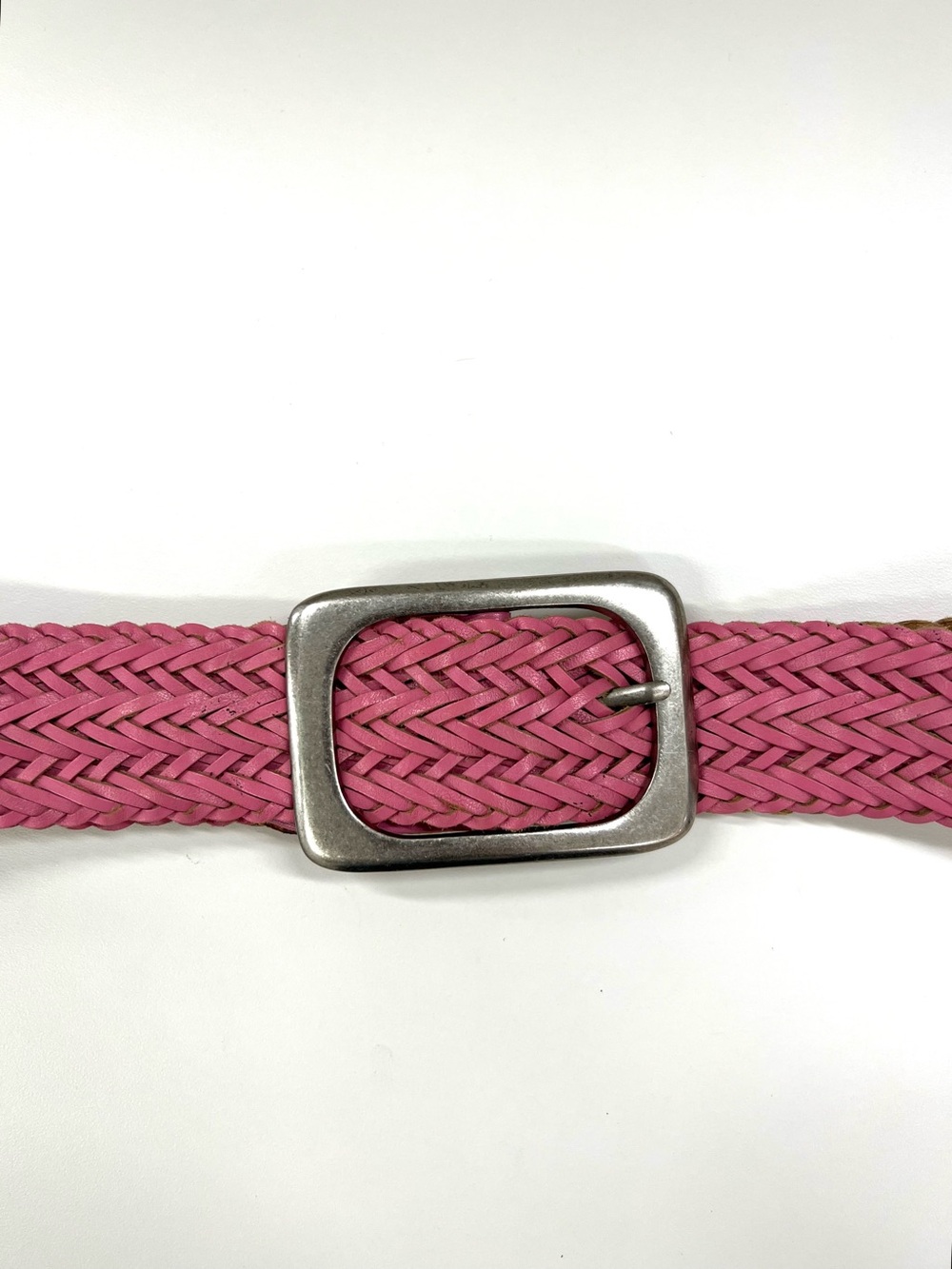 90s Wide Pink Leather Woven Braided Retro Belt Chunky Boho Buckle  Size Large